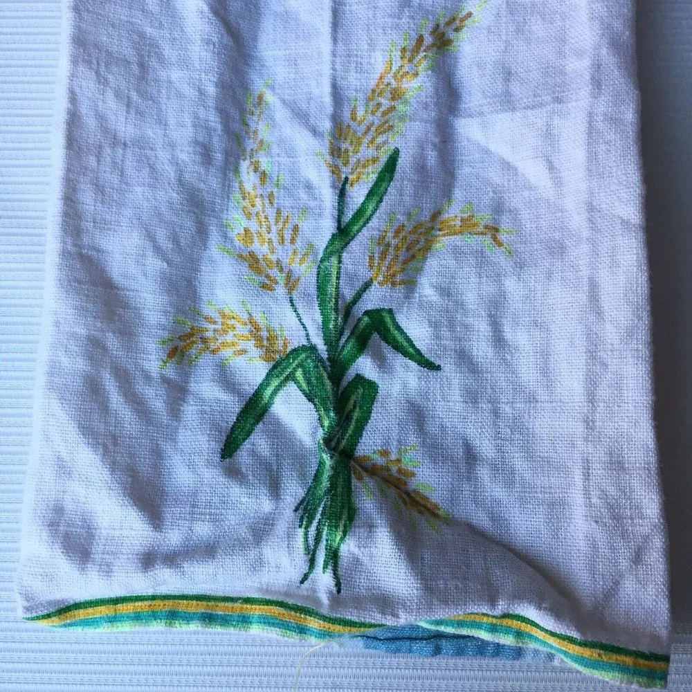 2 Vintage Linen Kitchen Dish Towel Fabric Corn Plant Art Farm Country Rustic